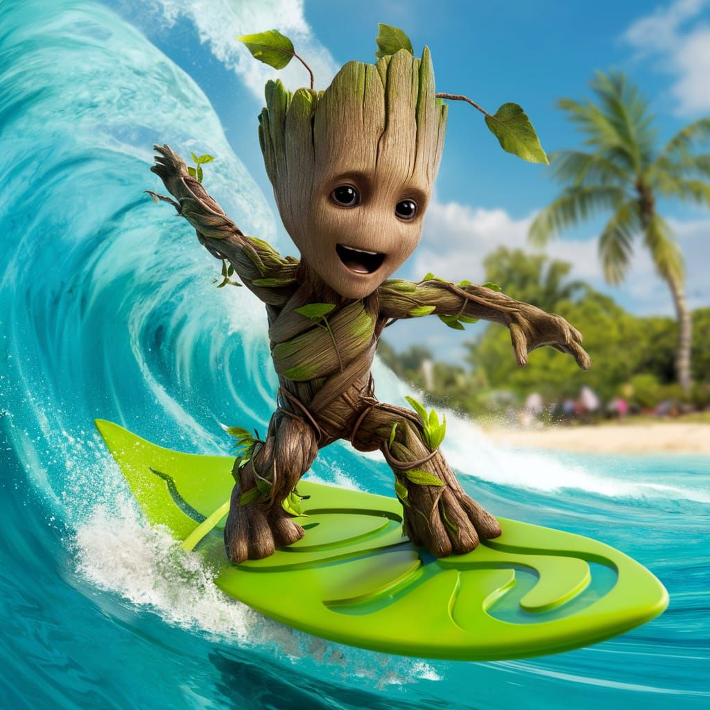 Groot on Vacation: 3D Render Surfing Waves