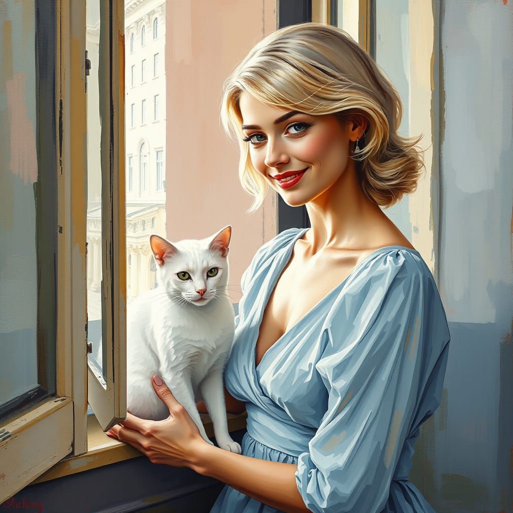 Woman in Pale Blue Dress Petting Cat in Neo-Impressionist St...