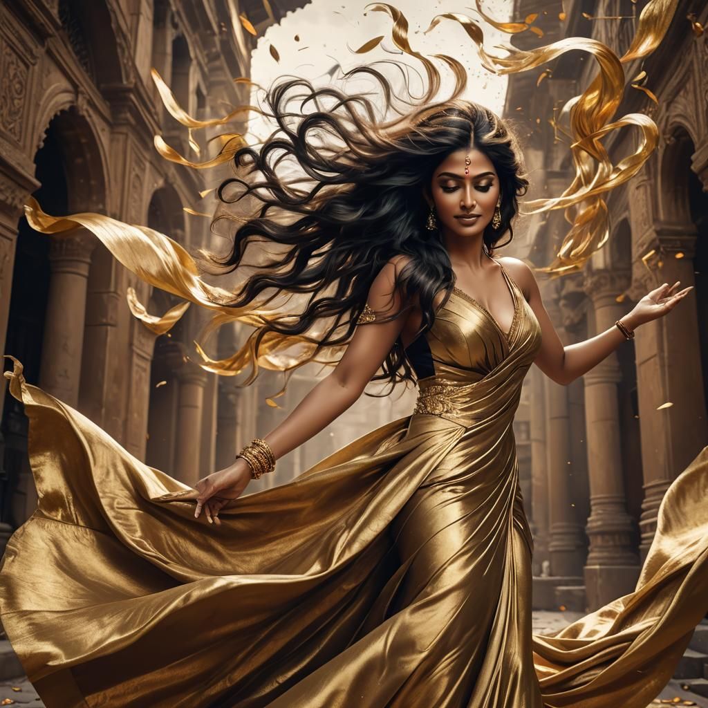 Indian Beauty in Gold Silk Gown, Digital Art