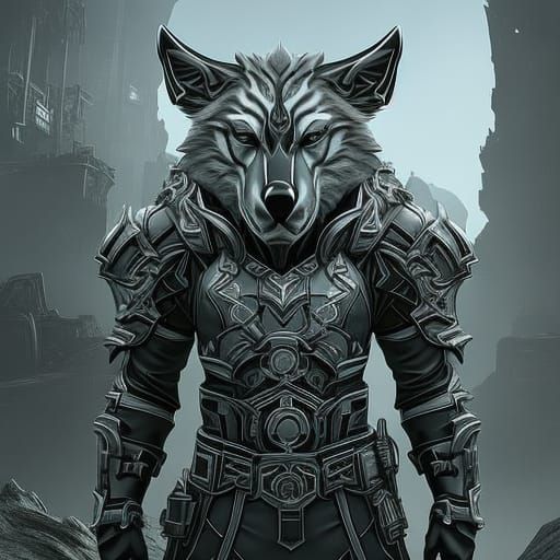 Anthro Wolf Engineer Lineart in Dark Fantasy Style