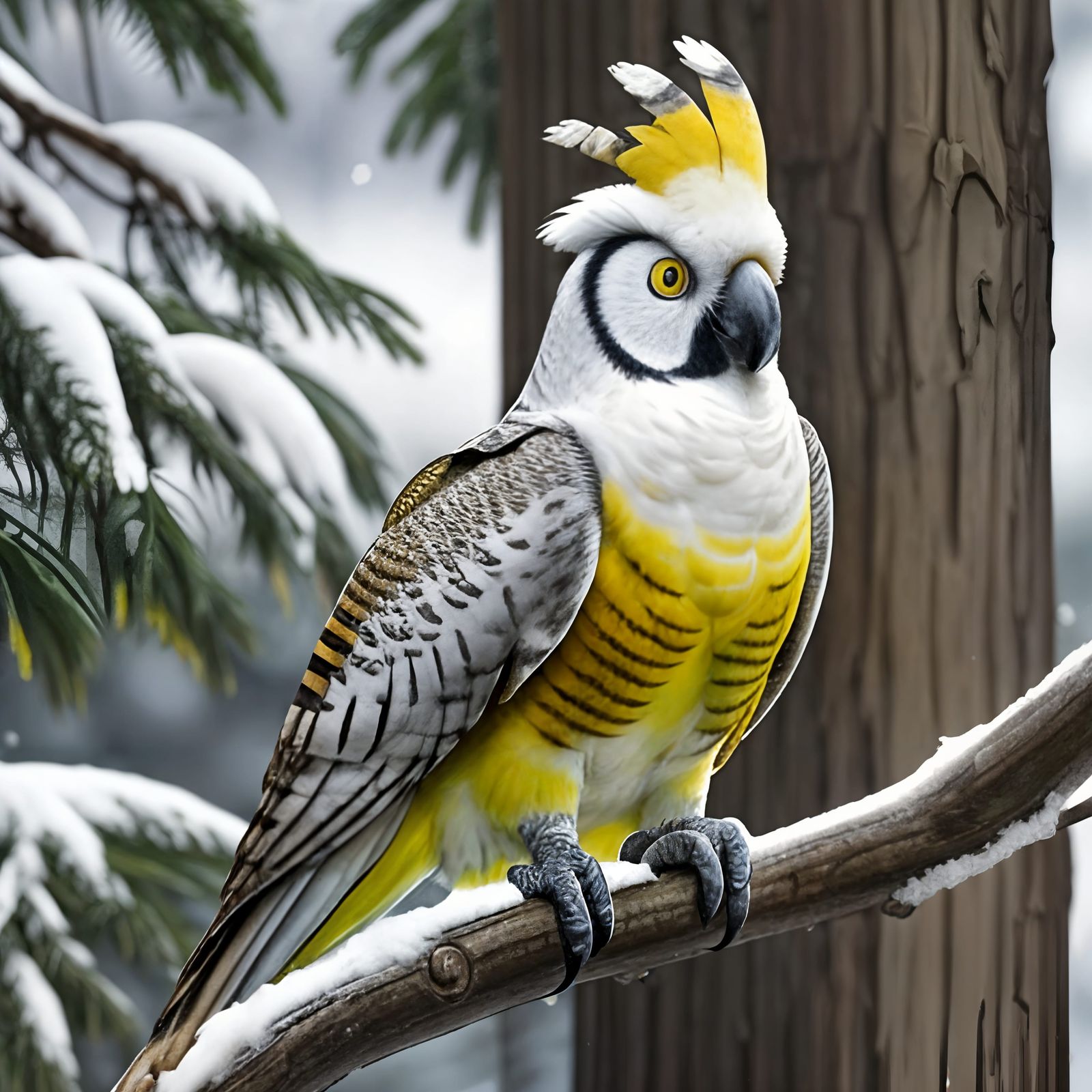 Hybrid Cockatoo Owl in Winter Forest
