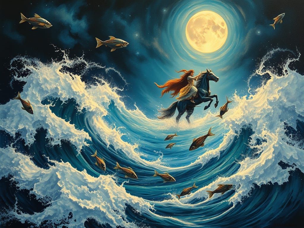 Dreamlike Scene of Sun and Moon Rising from Turbulent Waves