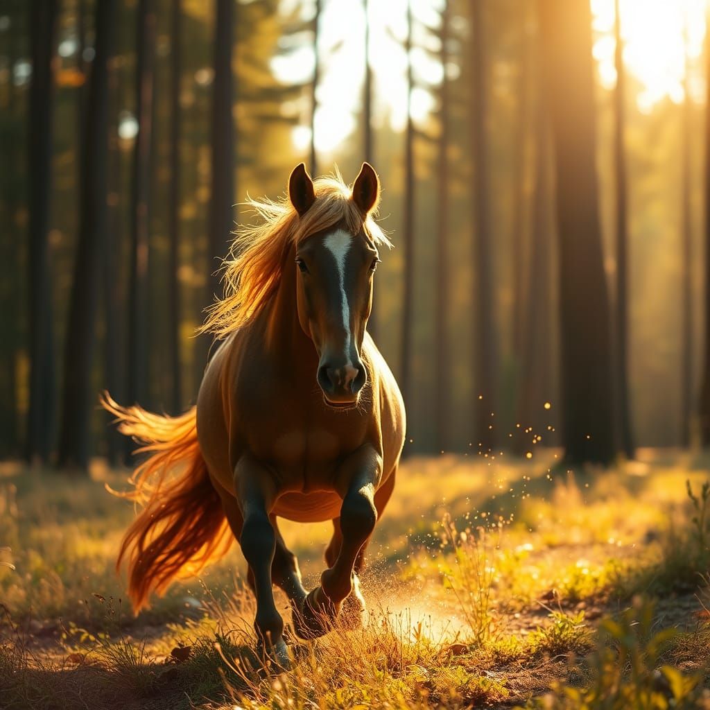 Mustang Horse Galloping in Forest: Hyperrealistic Photograph...