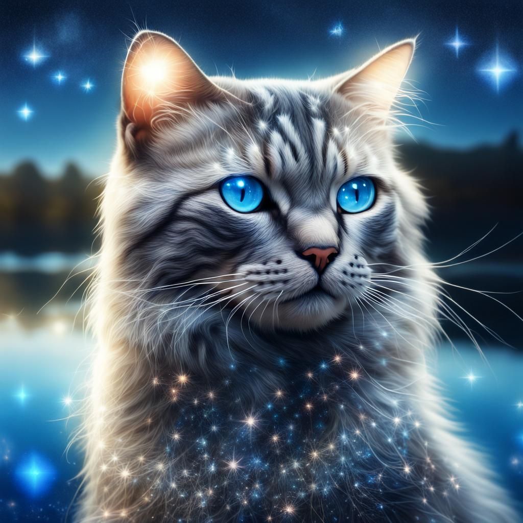 Starry Cat with Reflective Fur by Lake