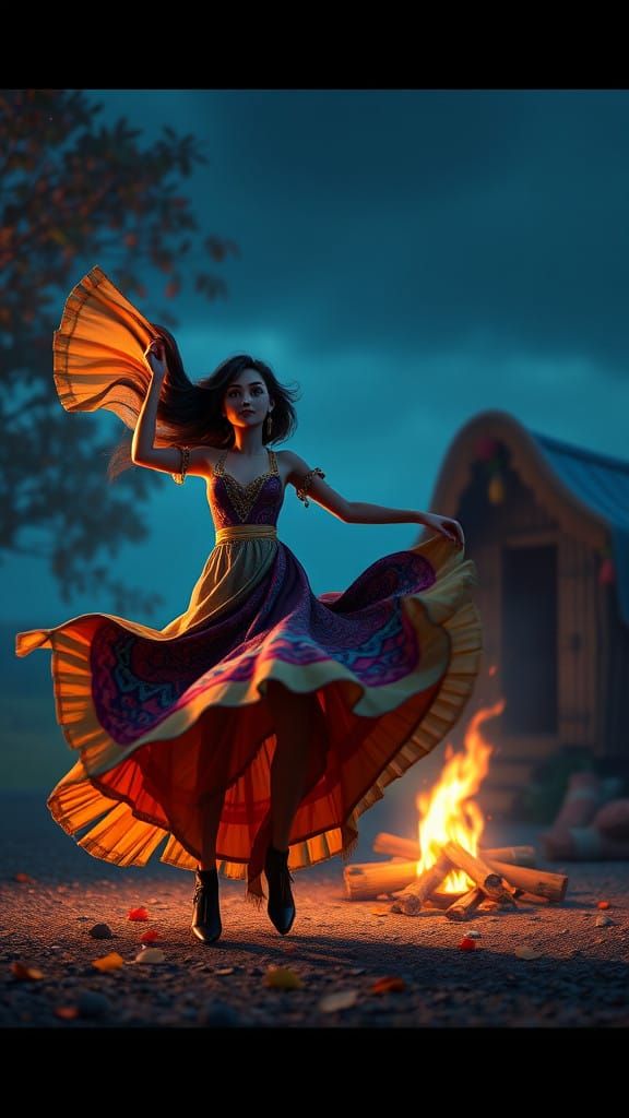 Gypsy Dancer in Whimsical Fantasy Landscape as Pixar 3D Art