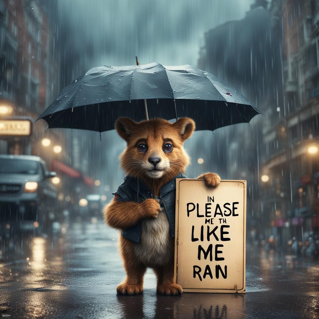 Animal Holds Sign in Rainy Street: Digital Painting