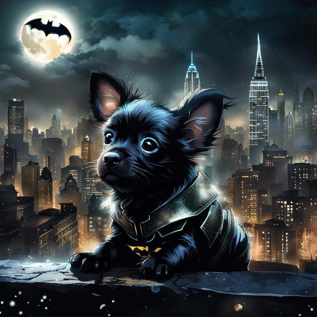 Puppy Batman in Hyperrealistic Cityscape