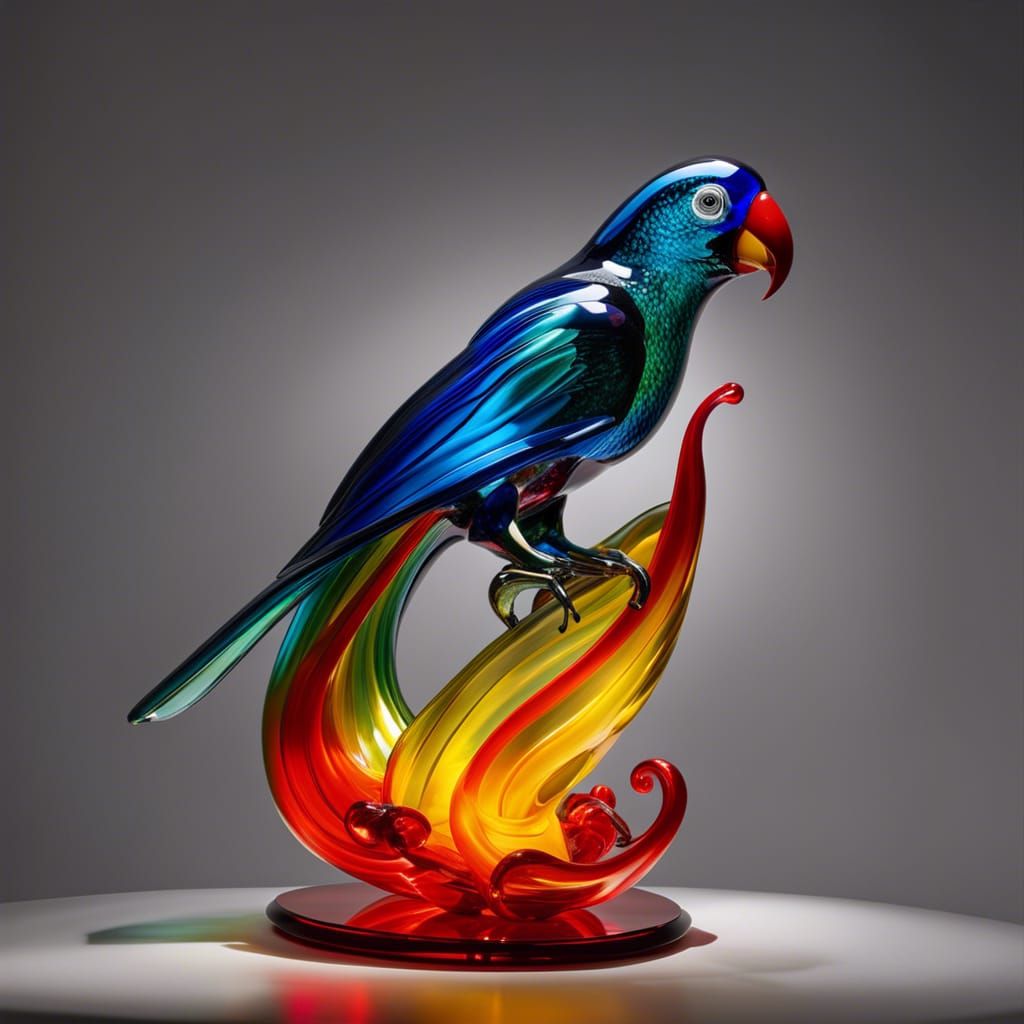 Blown Glass Parrot Sculpture, Photorealistic Art