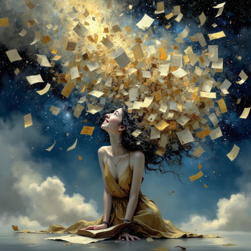 Woman of Books and Music with Orbiting Worlds