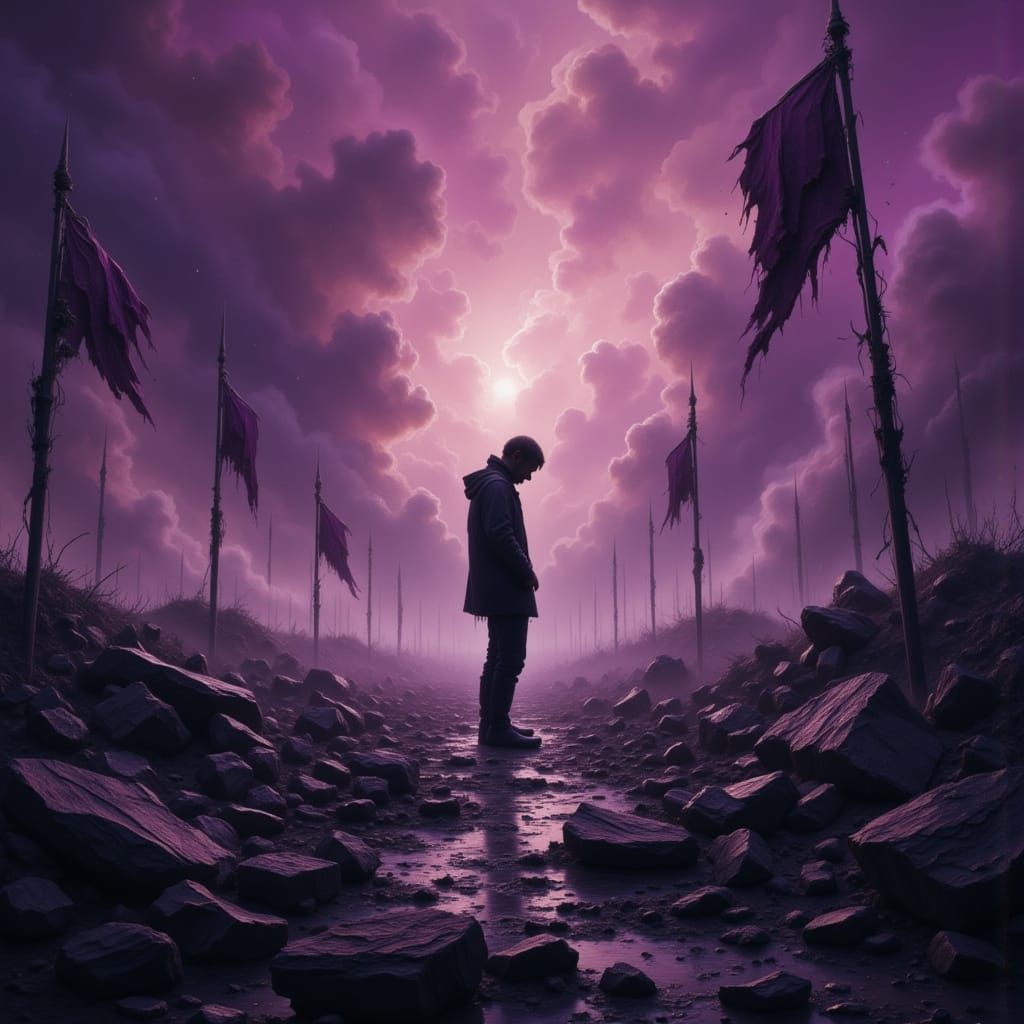 Sorrowful Figure in Smoldering Landscape of Defeat