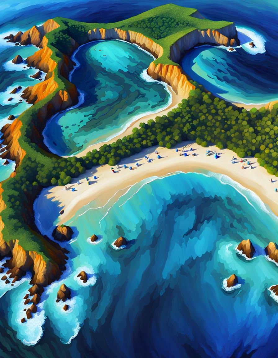 Island Oasis in Pointillism Style Bird's Eye View