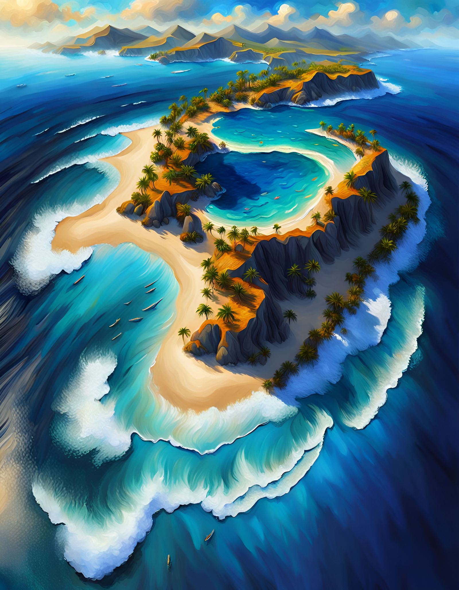 Island Oasis Bird's Eye View in Pointillism Style