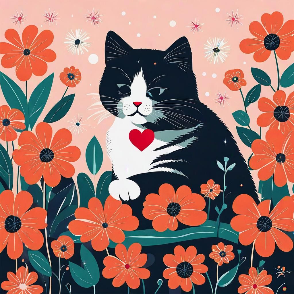 Cute Cat with Flowers in Pop Art Style
