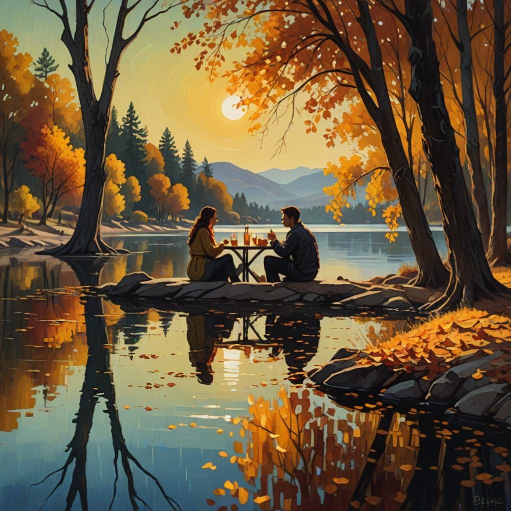 Young Couple in El Camino, Vibrant Oil Painting