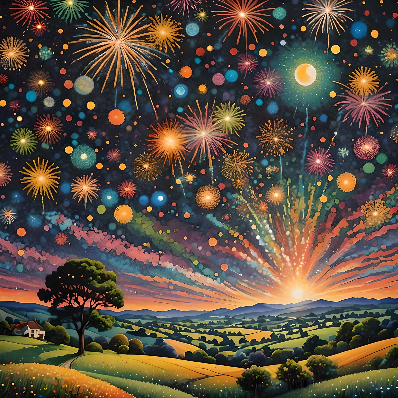 Pointillist Countryside Painting with Fireworks