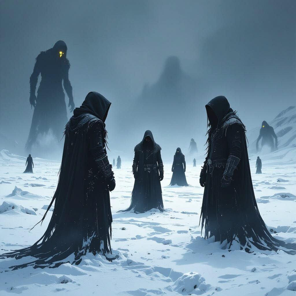 Deathcore Musicians in Frozen Landscape with Dark Figures