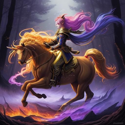 Anime Unicorn with Fire Mane in Misty Forest