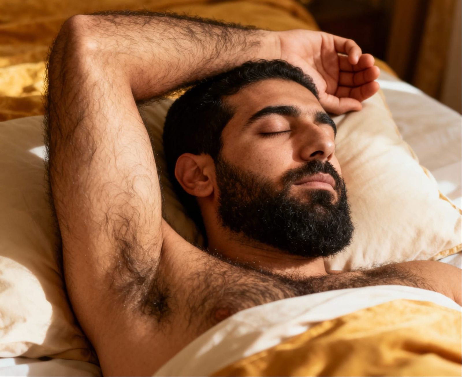 Hairy Arabic Man Sleeping Peacefully in Cozy Bedroom
