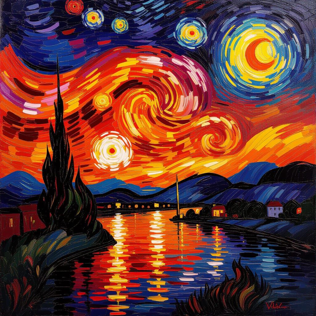 Van Gogh Style Sunset with Swirling Vibrant Colors