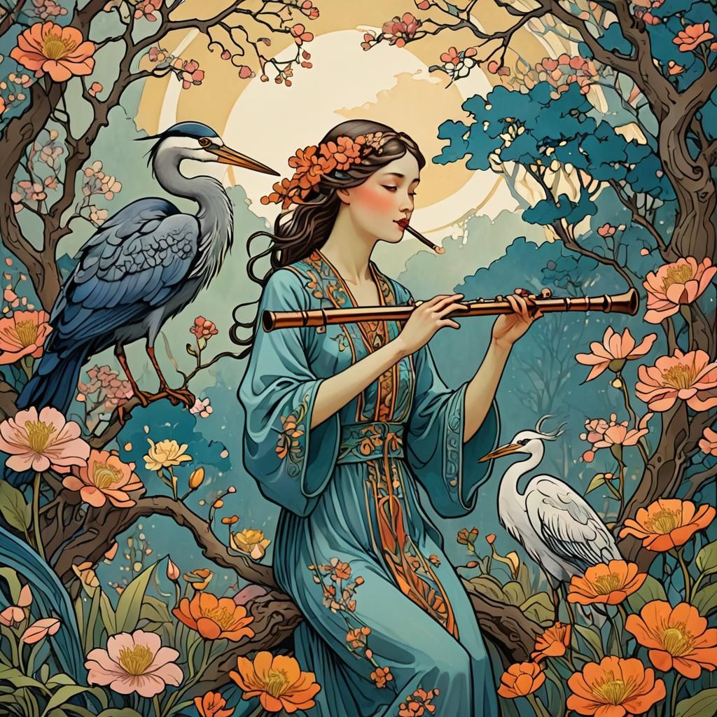 Girl with Flute and Heron in Art Nouveau Style