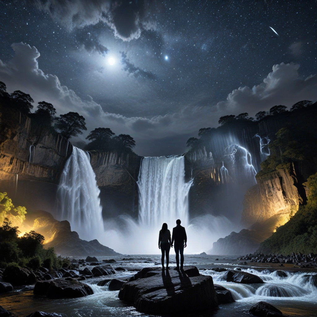 Romantic Moonlit Waterfall Scene with Fireflies and Stars