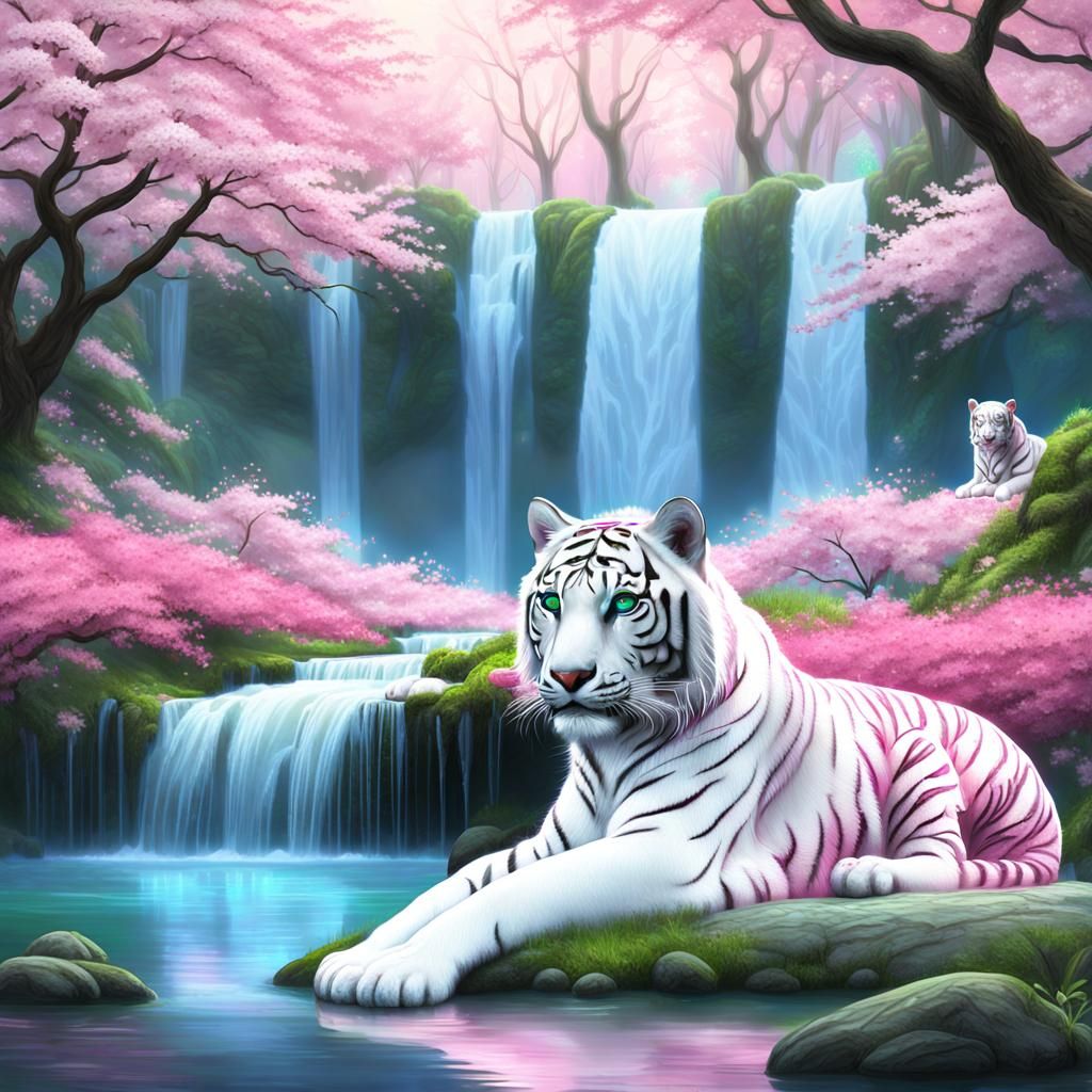 Pink Striped Tiger in Fantasy Cherry Blossom Forest