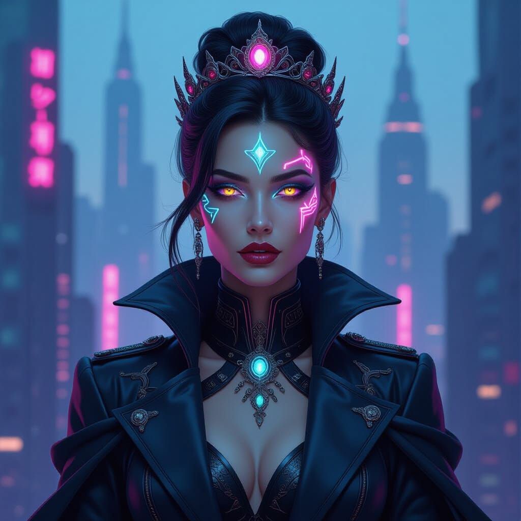 A striking portrait of a futuristic queen with intricate cyb...