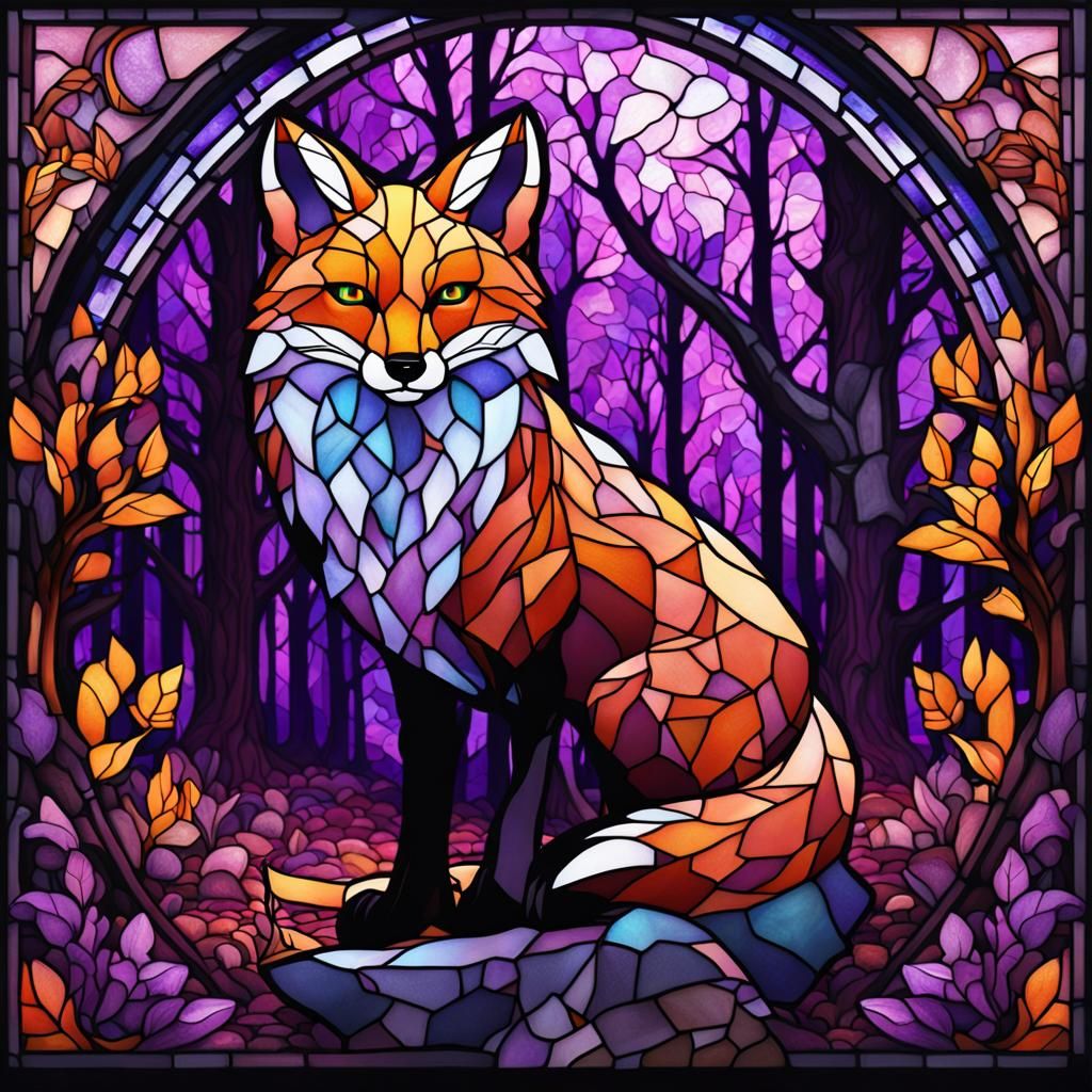 Stained Glass Fox with Purple Trees