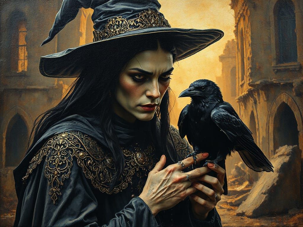 Impasto Oil Painting of a Sinister Black Witch with Filigree