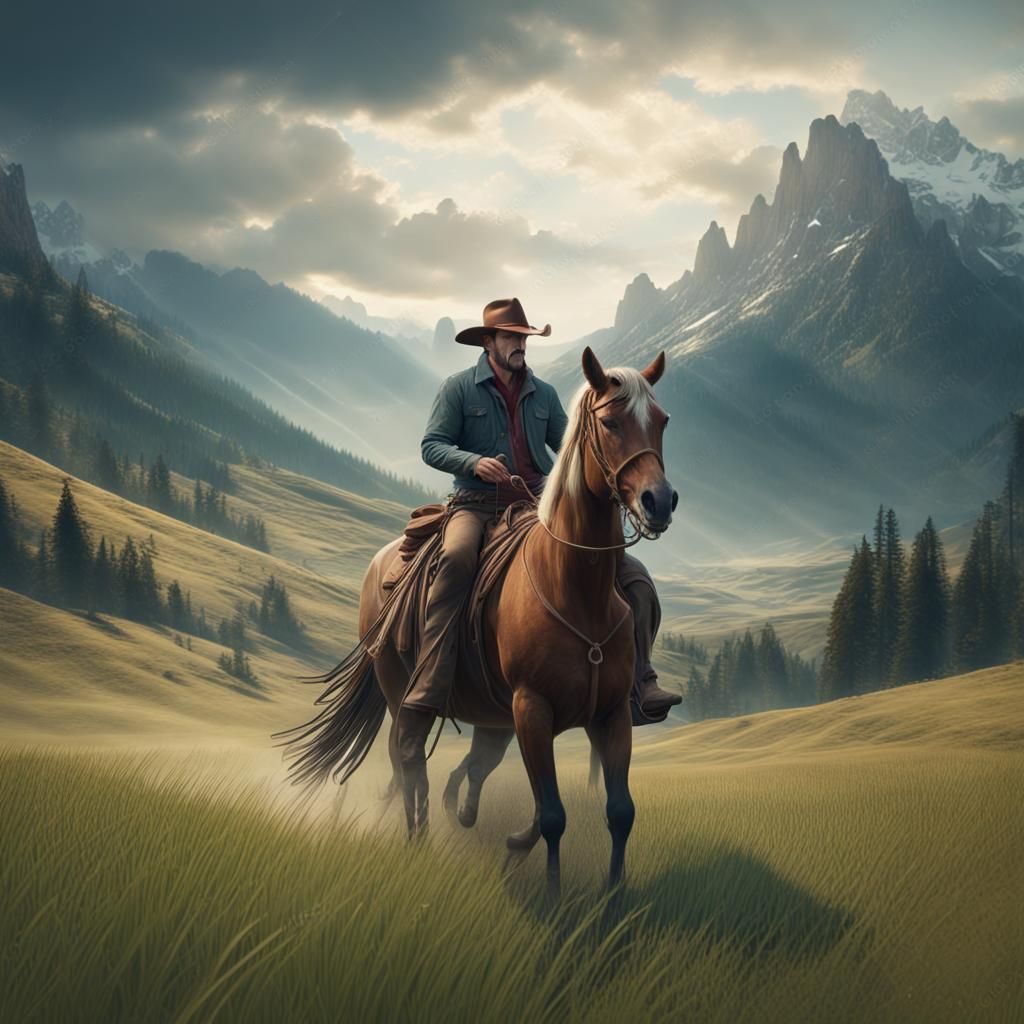 Cowboy on Horseback in Mountain Meadow
