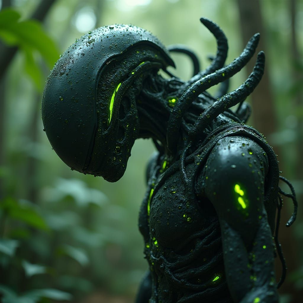Bio-Mechanical Alien in Misty Jungle