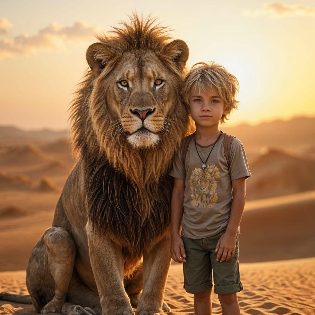 Boy with Lion in Desert Landscape