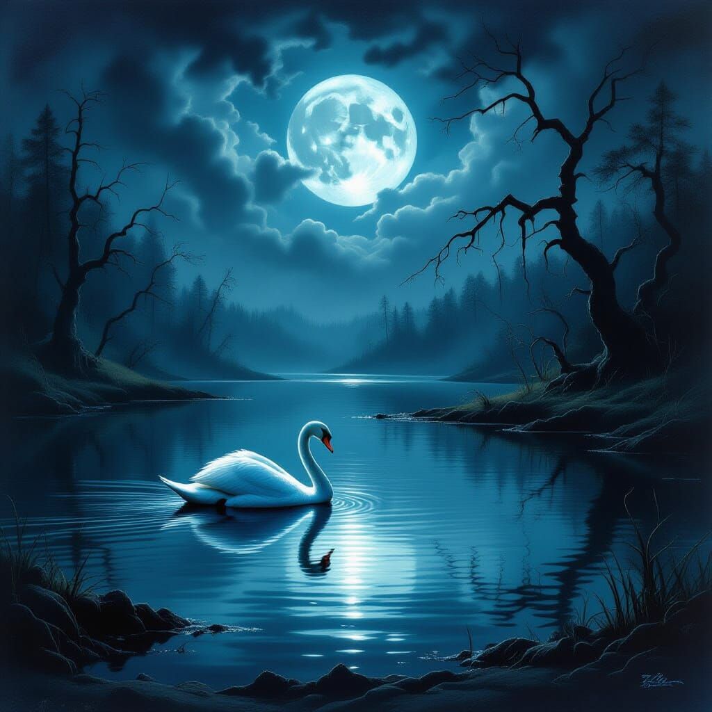 Spectral Swan on Moonlit Lake in Dark Fantasy Style