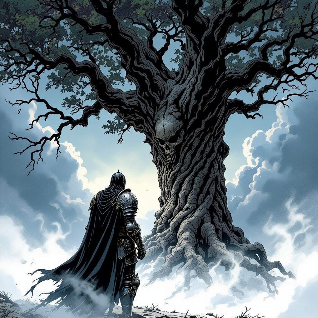 Knight and Ancient Oak in Dark Fantasy Comic Style