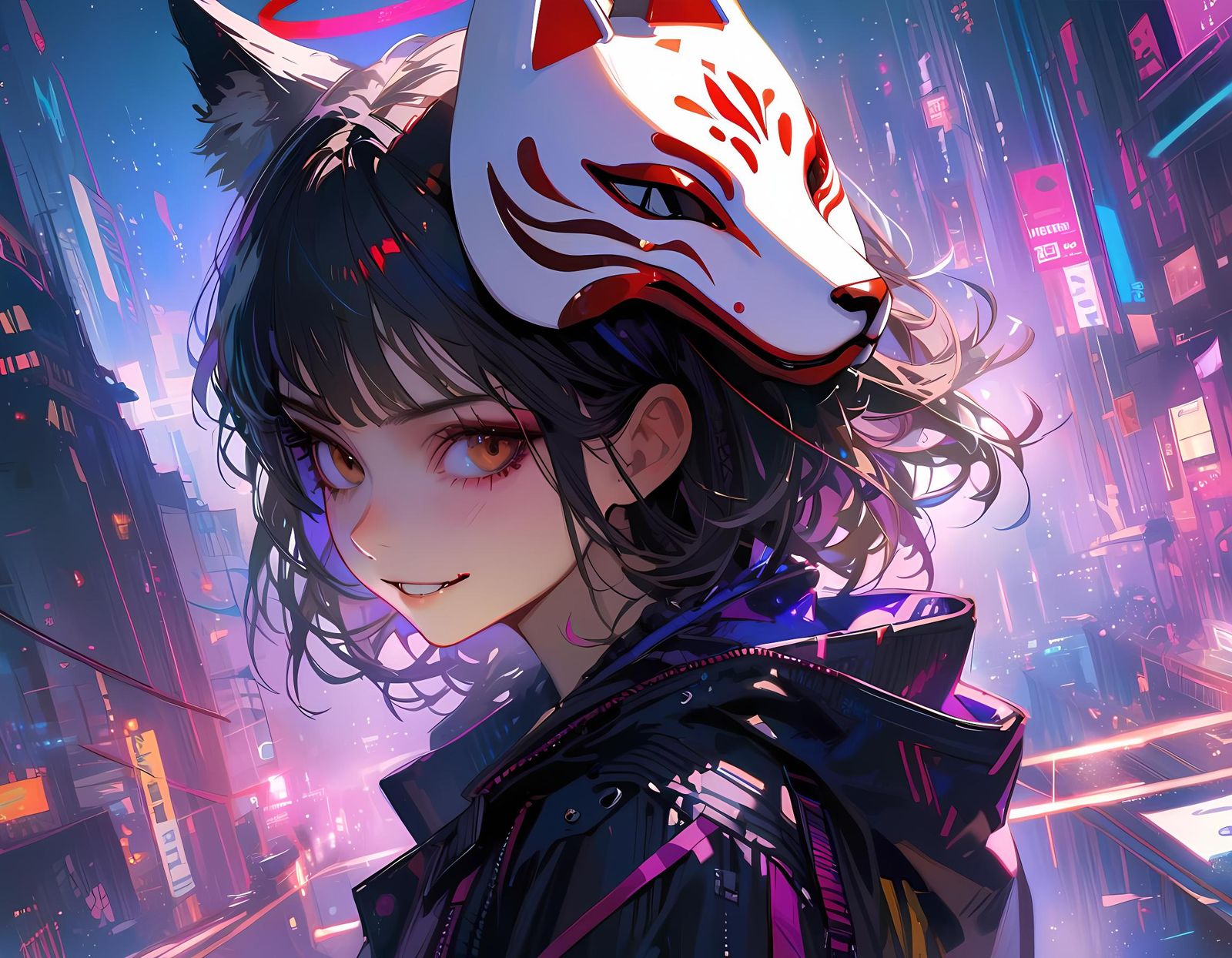 Cyberpunk Girl with Fox Mask and Halo