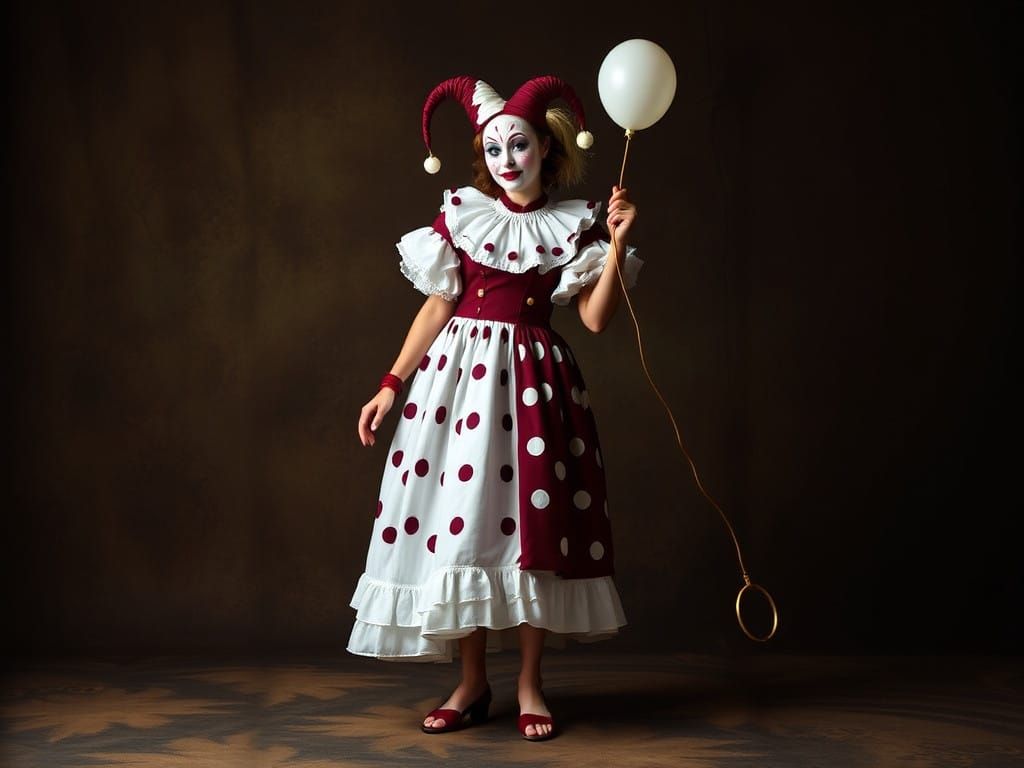 Ethereal Pierrot Maiden in a Vibrant Red and White Gown