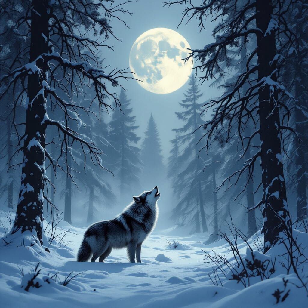 Lone Wolf Howling at Moon in Snowy Forest