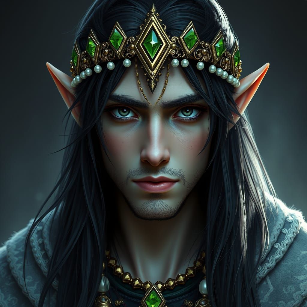 Elf King Portrait with Pearl Coronet, Hyperdetailed Art