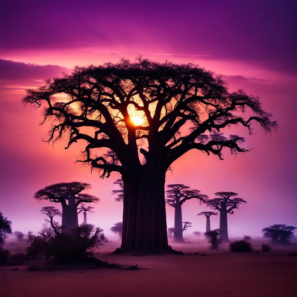 Desert Baobabs at Foggy Sunrise, National Geographic Style
