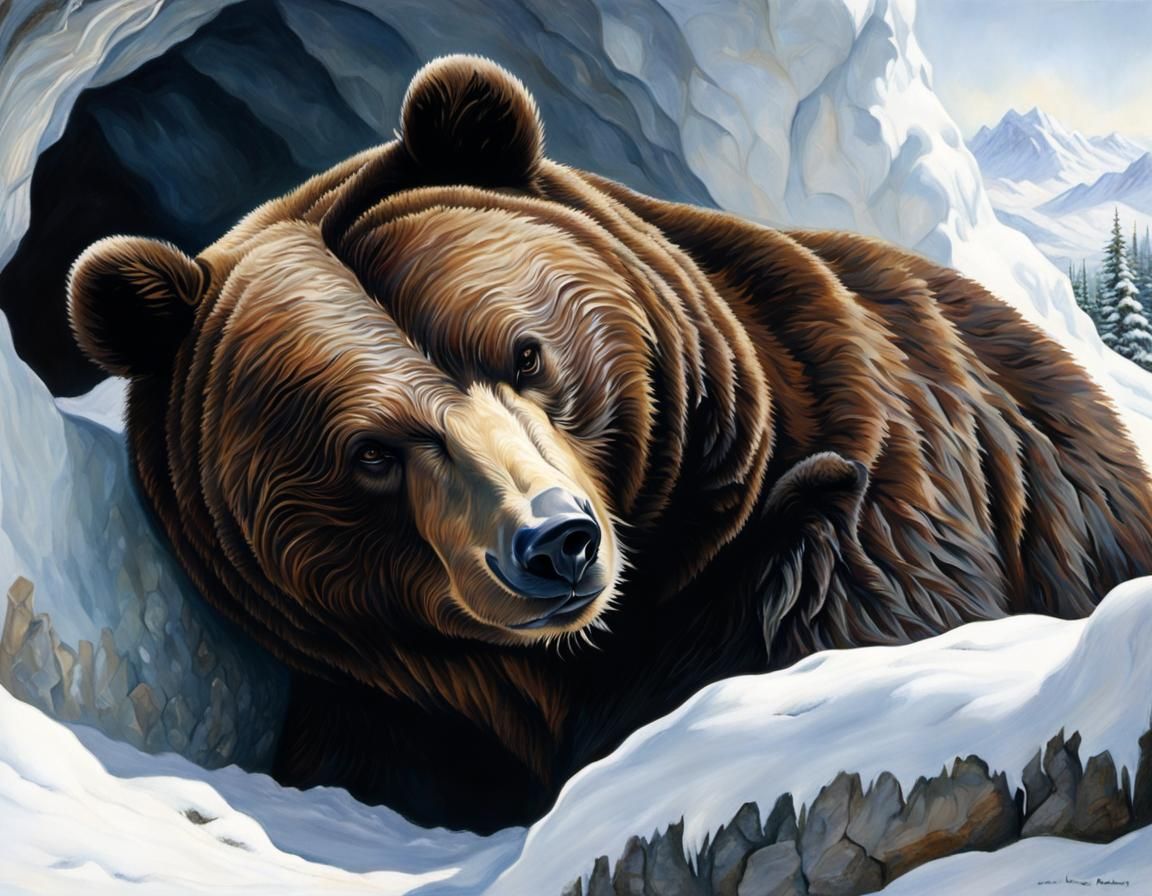 Hibernating Bear Portrait in Snowy Cave