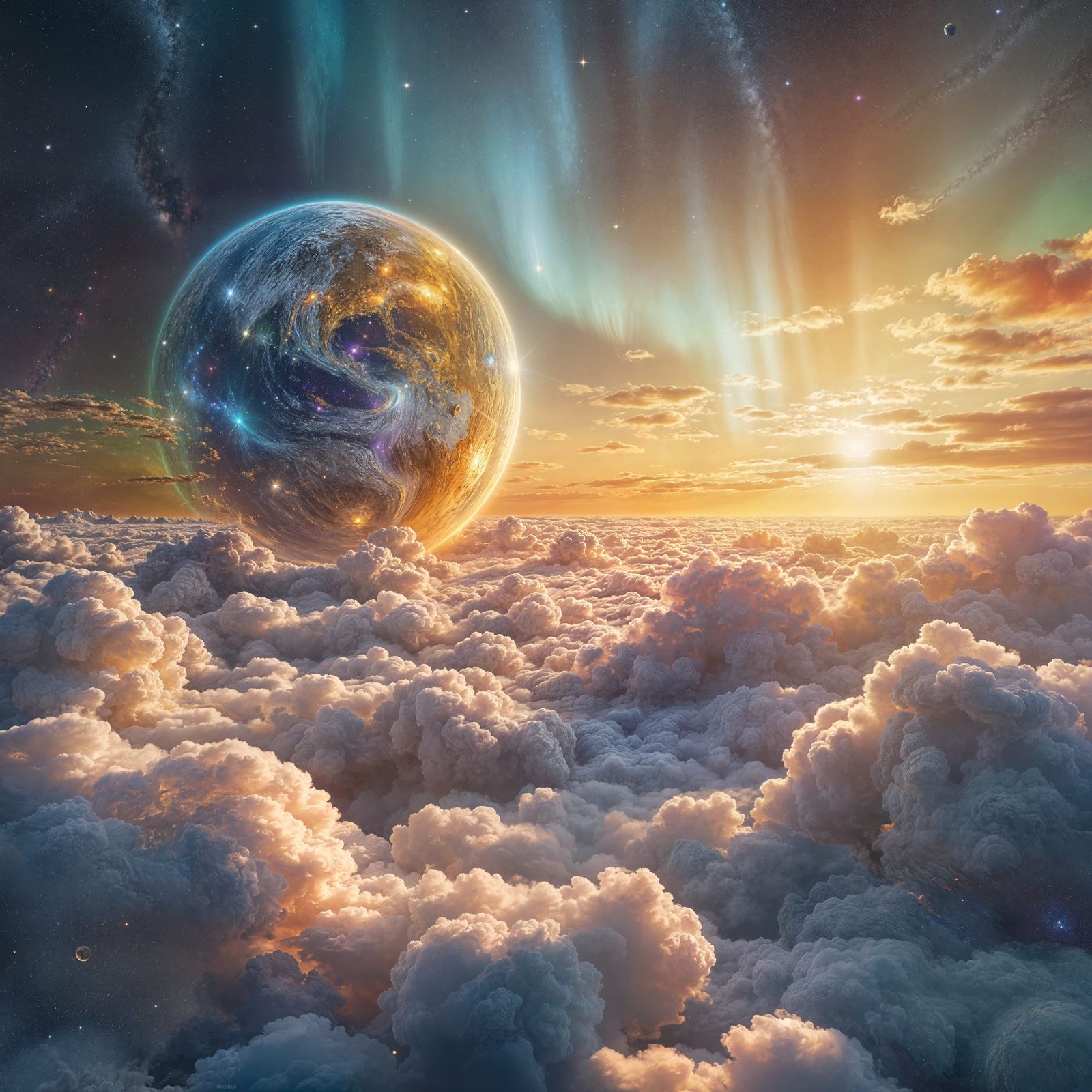 Colorful Planet in Golden Sky with Fluffy Clouds