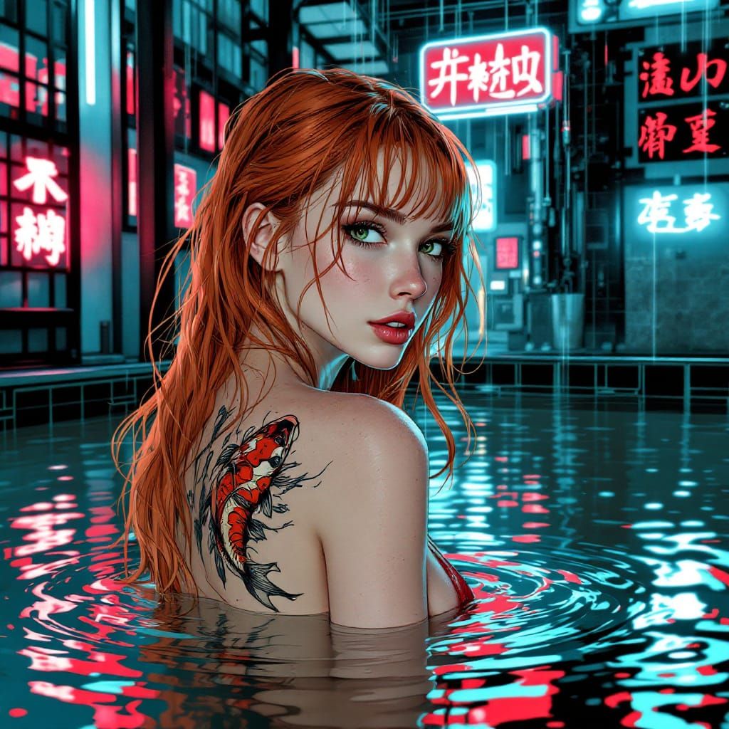 Redhead in Cyberpunk Onsen, Comic Book Style