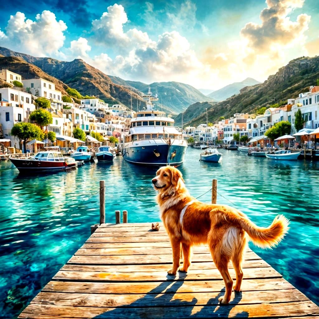 Santorini Sunset Pier with Loyal Golden Retriever