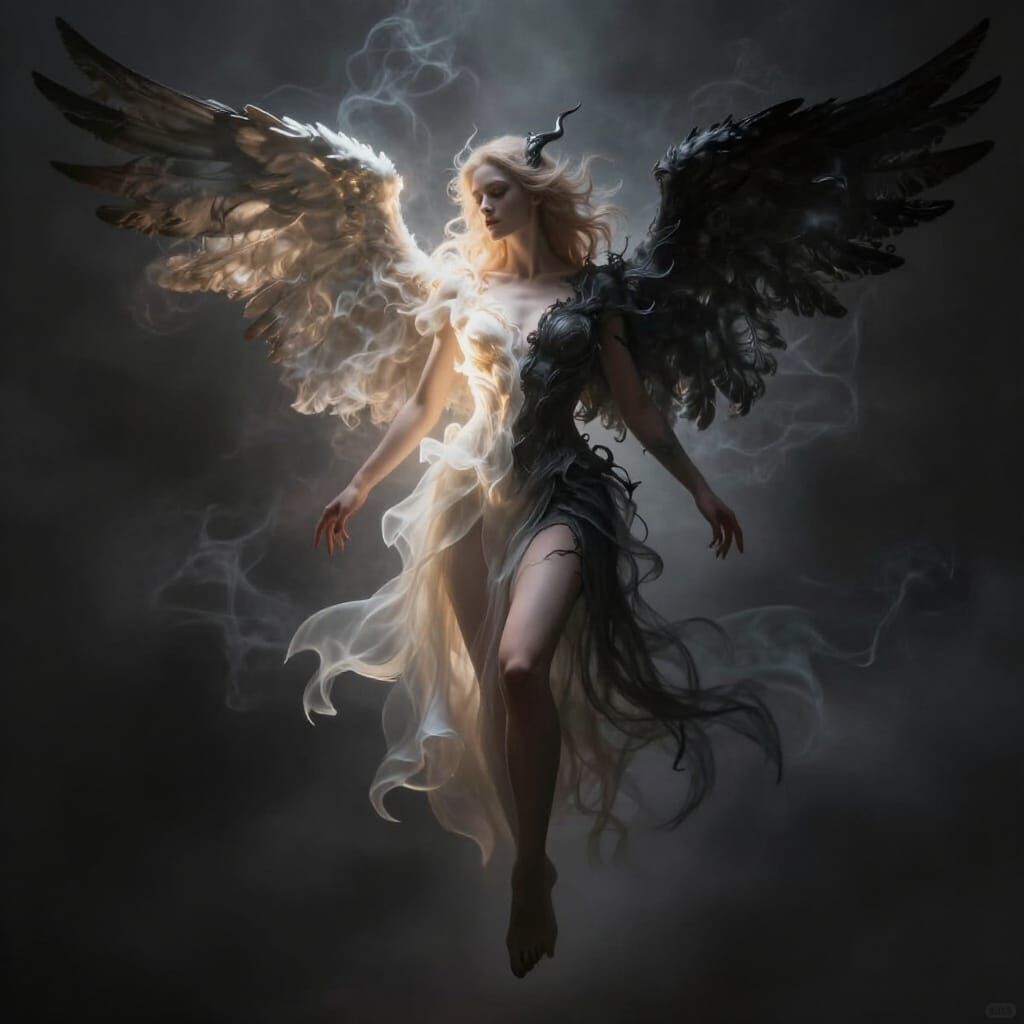 Mysterious Angel Demon Hybrid in Ethereal Mist
