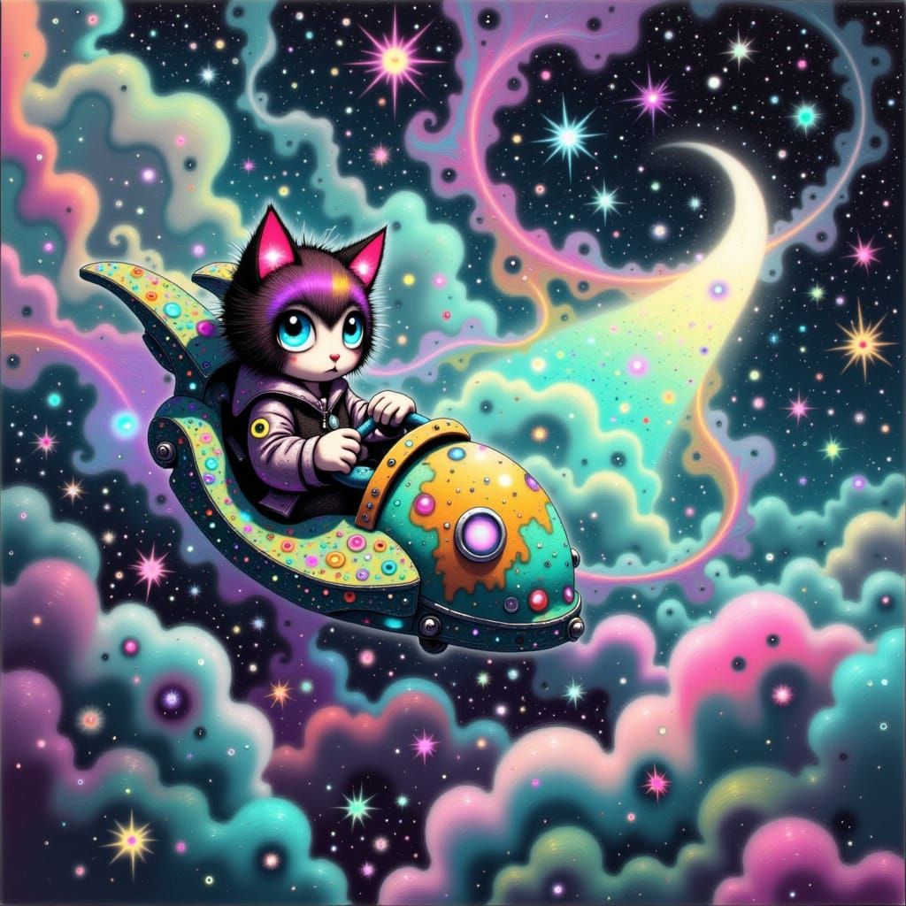 Cosmic Kitty Piloting Spaceship in Surreal Pop Art Style