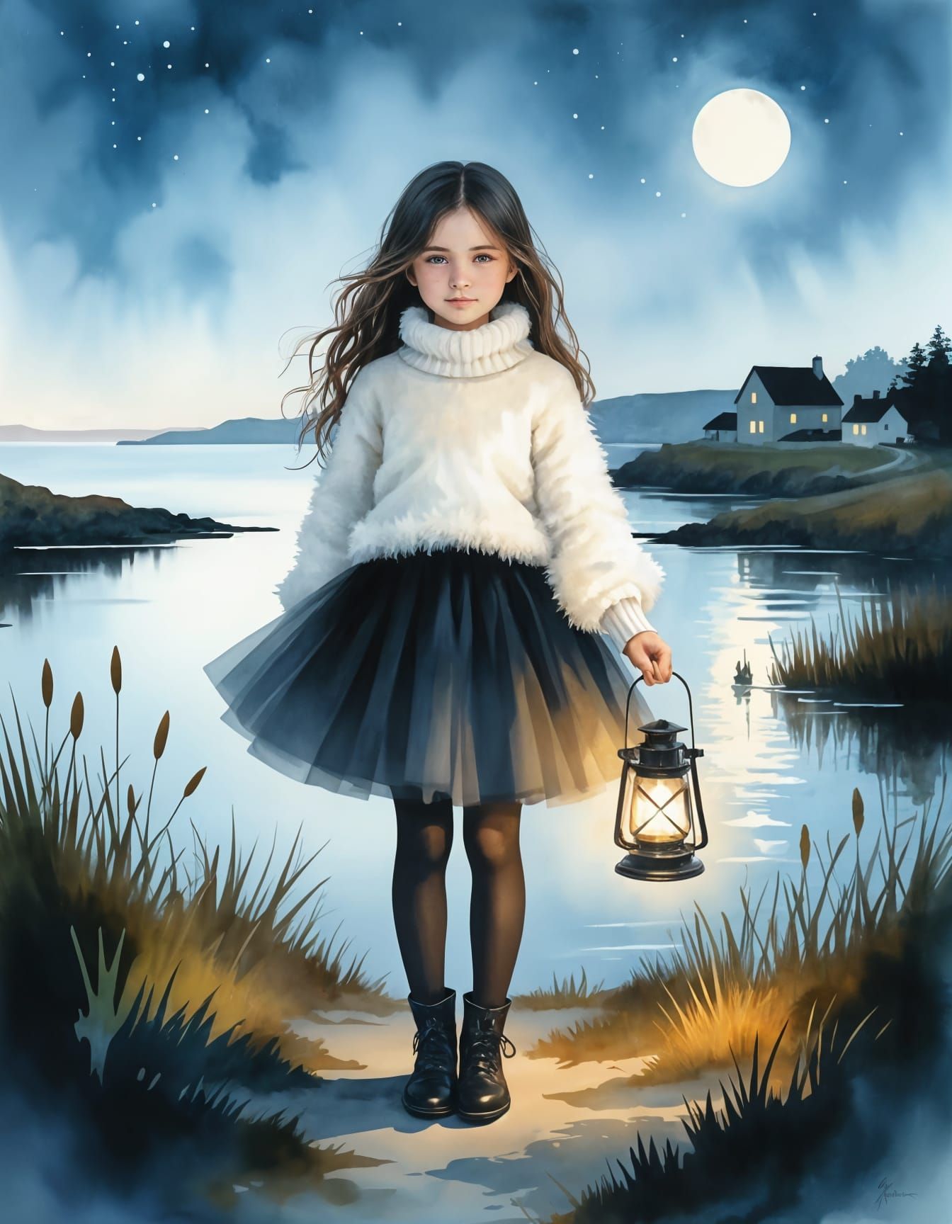 Girl with Lantern in Watercolor Bog Landscape