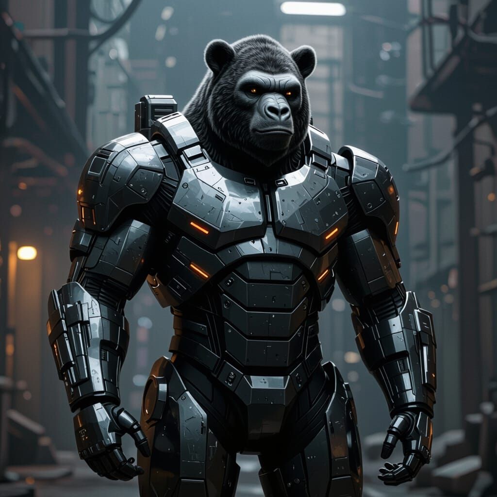 Cyberpunk Metallic Gorilla-Bear in Armored Exosuit