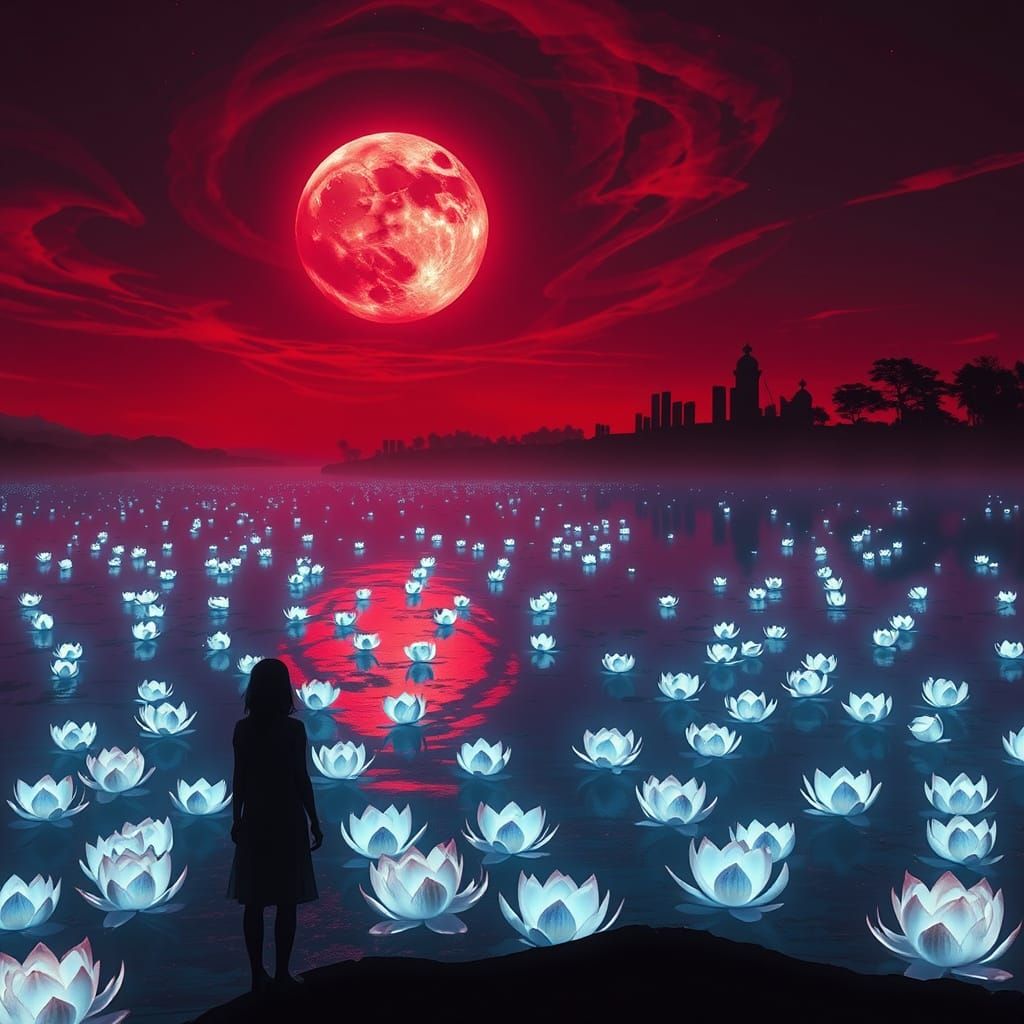 Surreal Crimson Lake Under a Blood Moon