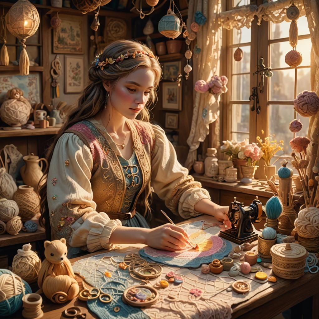 Lady Surrounded by Handcrafts in Art Nouveau Style