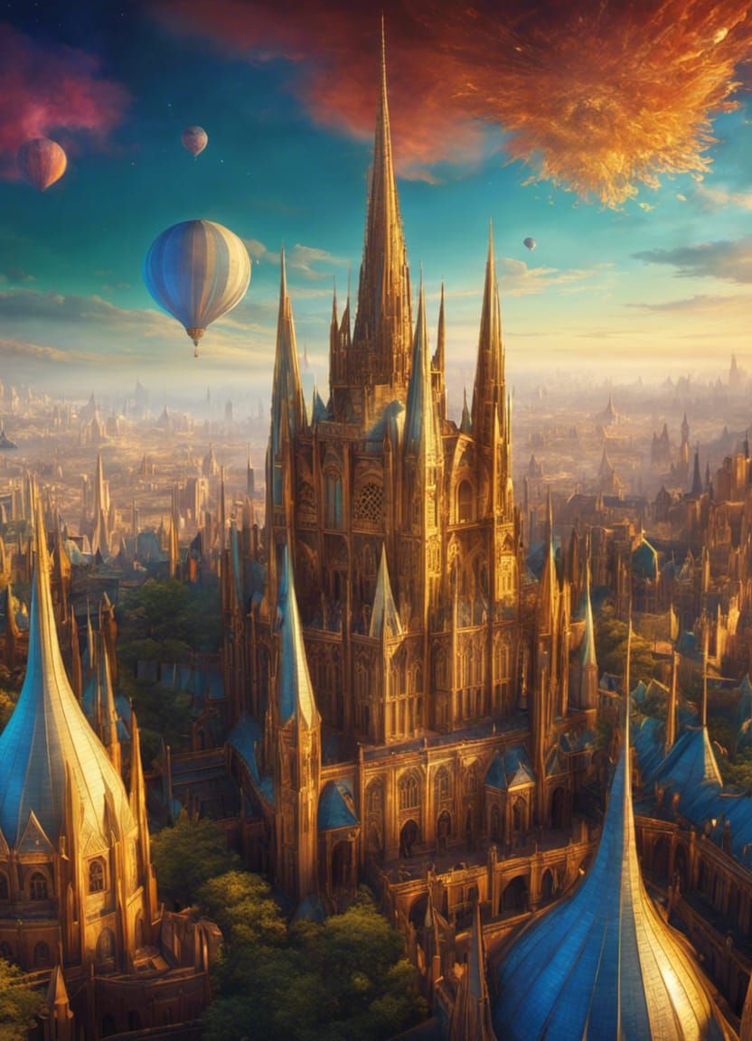 Fantastical City with Dreaming Spires in Detailed Matte Pain...